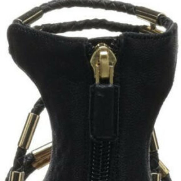 NEW BCBGMaxAzria Royale Black Gold Leather Sandals - Picture 9 of 9